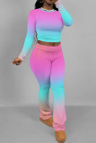 Burgundy Casual Gradient Patchwork O Neck Long Sleeve Two Pieces
