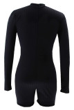 Black Casual Solid Color Patchwork Zipper Zipper Collar Skinny Rompers