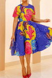 Colour Casual Print Patchwork Zipper O Neck A Line Plus Size Dresses