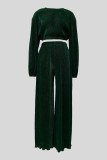 Ink Green Casual Solid Color Basic O Neck Long Sleeve Two Pieces