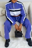 Blue Casual Patchwork Contrast Zipper Collar Long Sleeve Two Pieces