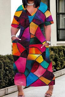 Colour Casual Print Pocket Patchwork V Neck Straight Plus Size Dresses