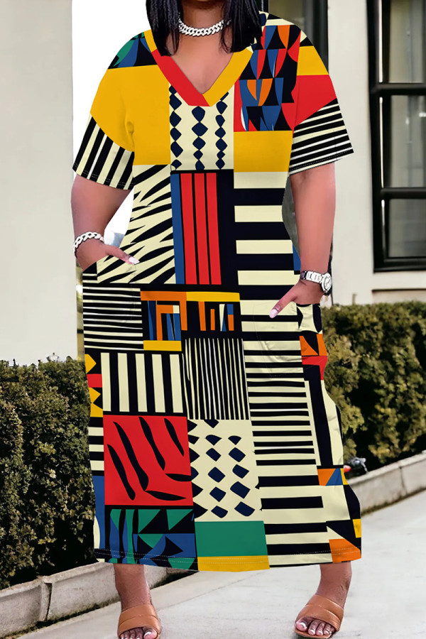 Multicolor Casual Print Pocket Patchwork V Neck Straight Plus Size Dresses