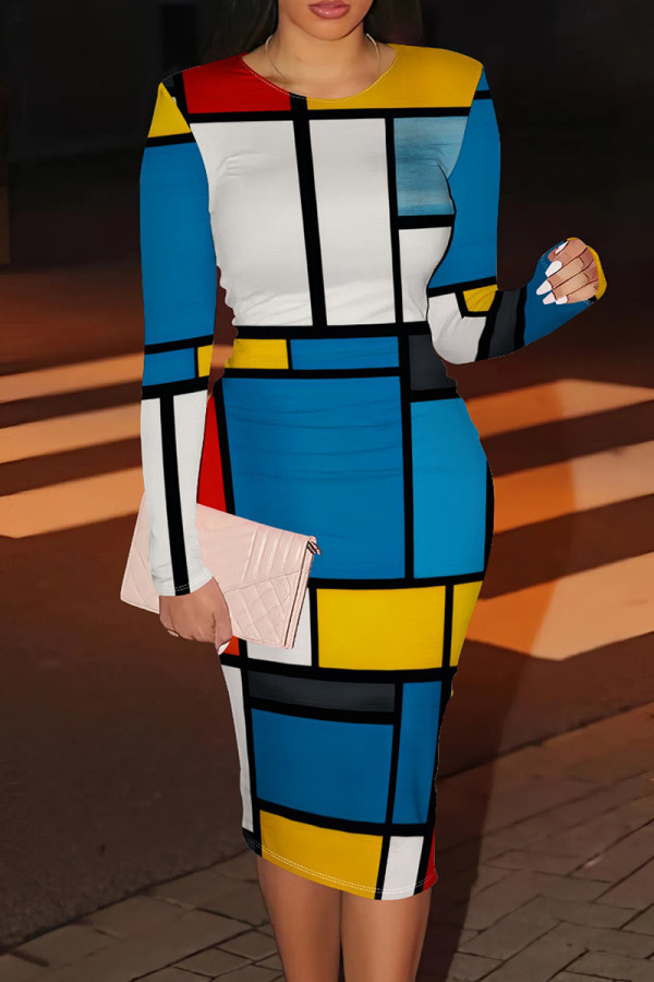 Blue White Casual Print Patchwork O Neck Wrapped Skirt Dresses