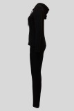 Black Casual Solid Color Basic Hooded Long Sleeve Two Pieces