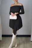 Black Casual Solid Color Irregular Hem Off Shoulder Long Sleeve Dresses