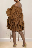Brown Casual Solid Color Draw String Patchwork Backless Off Shoulder Irregular Dresses