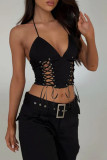 Black Sexy Solid Color Patchwork Backless Cross Straps Halter Tops