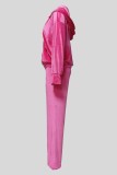 Rose Red Casual Solid Color Zipper Hooded Long Sleeve Two Pieces