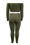 Army Green Casual Solid Color Lace Up Patchwork Off Shoulder Plus Size Two Pieces