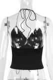 Black Sexy Solid Color Patchwork Backless Cross Straps Halter Tops