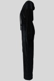Black Casual Solid Color Zipper Hooded Long Sleeve Two Pieces