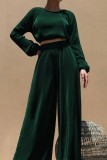 Ink Green Casual Solid Color Basic O Neck Long Sleeve Two Pieces