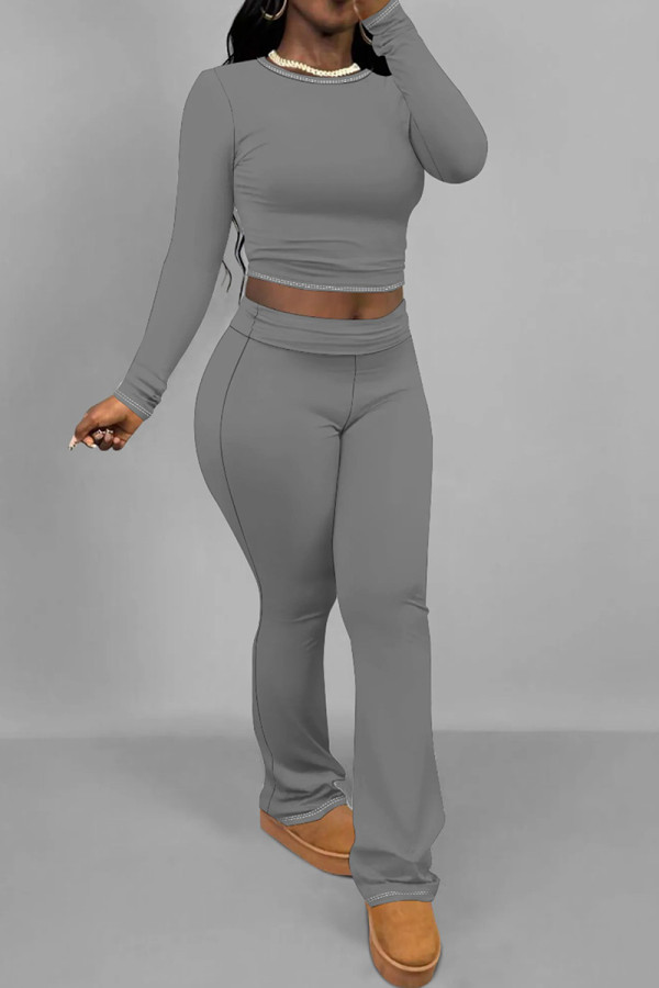Dark Gray Casual Gradient Patchwork O Neck Long Sleeve Two Pieces