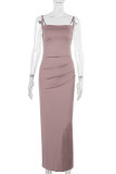 Red Bean Powder Elegant Solid Color Patchwork Backless Slit Spaghetti Strap Sling Dresses