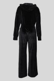 Black Casual Solid Color Zipper Hooded Long Sleeve Two Pieces