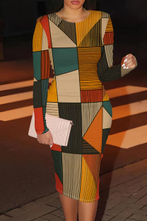 Green Yellow Casual Print Patchwork O Neck Wrapped Skirt Dresses