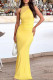 Yellow Elegant Solid Color Patchwork Mesh O Neck Long Dresses