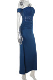 Blue Elegant Solid Color Lace Patchwork Backless Halter Long Dresses