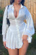 White Casual Solid Color Buckle Patchwork Shirt Collar Shirt Dresses