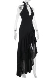 Black Elegant Solid Color Patchwork Backless Ruffled Trim Halter Irregular Dresses