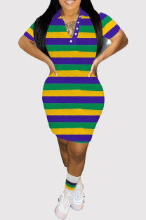Multicolor Casual Colorblock Buttons Patchwork Turndown Collar Wrapped Skirt Dresses