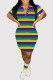 Multicolor Casual Colorblock Buttons Patchwork Turndown Collar Wrapped Skirt Dresses