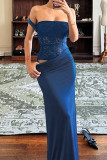 Blue Elegant Solid Color Lace Patchwork Backless Halter Long Dresses