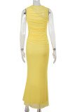 Yellow Elegant Solid Color Patchwork Mesh O Neck Long Dresses