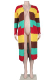 Red Casual Colorblock Pocket Patchwork Cardigan Collar Outerwear