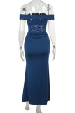 Blue Elegant Solid Color Lace Patchwork Backless Halter Long Dresses