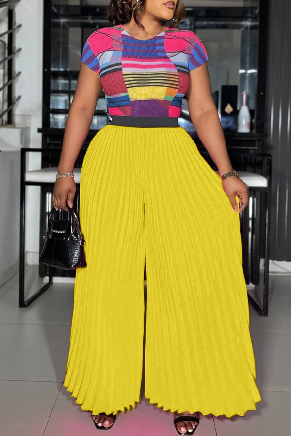 Yellow Sexy Print Patchwork Pleated O Neck Short Sleeve Two Pieces