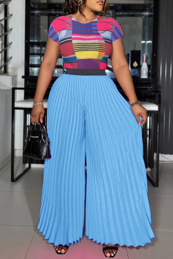 Sky Blue Sexy Print Patchwork Pleated O Neck Short Sleeve Two Pieces