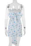 White Sexy Print Patchwork Backless Bow Decor Spaghetti Strap Sling Dresses
