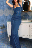 Blue Elegant Solid Color Lace Patchwork Backless Halter Long Dresses