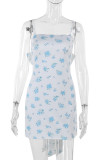 White Sexy Print Patchwork Backless Bow Decor Spaghetti Strap Sling Dresses