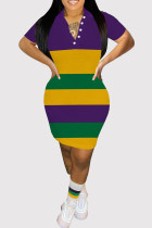 Purple Casual Colorblock Buttons Patchwork Turndown Collar Wrapped Skirt Dresses