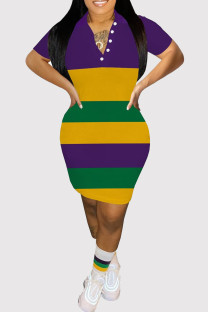 Purple Casual Colorblock Buttons Patchwork Turndown Collar Wrapped Skirt Dresses