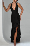 Black Elegant Solid Color Patchwork Backless Ruffled Trim Halter Irregular Dresses