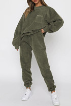Army Green Solid Color Pocket Patchwork O Neck Long Sleeve Two Pieces
