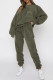 Army Green Solid Color Pocket Patchwork O Neck Long Sleeve Two Pieces
