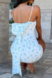 White Sexy Print Patchwork Backless Bow Decor Spaghetti Strap Sling Dresses
