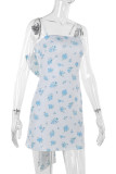 White Sexy Print Patchwork Backless Bow Decor Spaghetti Strap Sling Dresses