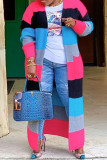 Red Casual Colorblock Pocket Patchwork Cardigan Collar Outerwear