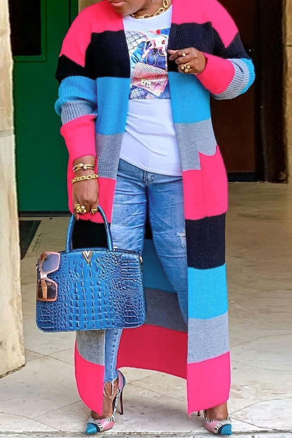 Blue Casual Colorblock Pocket Patchwork Cardigan Collar Outerwear