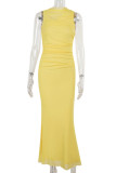 Yellow Elegant Solid Color Patchwork Mesh O Neck Long Dresses