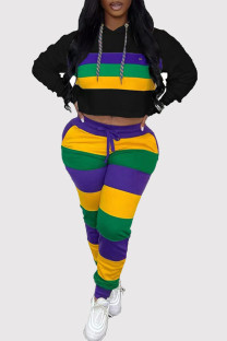 Black Casual Colorblock Draw String Patchwork Hooded Long Sleeve Two Pieces