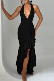 Black Elegant Solid Color Patchwork Backless Ruffled Trim Halter Irregular Dresses
