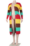 Red Casual Colorblock Pocket Patchwork Cardigan Collar Outerwear
