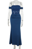 Blue Elegant Solid Color Lace Patchwork Backless Halter Long Dresses